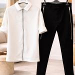 Compleu bărbați STREVANO alb-negru – set modern cu fermoar, pantaloni slim și design elegant urban