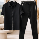Compleu bărbați STREVANO negru lycra – set modern cu fermoar, pantaloni slim și confort elastic premium