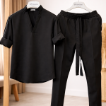 Compleu bărbați STREVANO negru – set elegant cu cămașă și pantaloni, croială modernă, confort premium