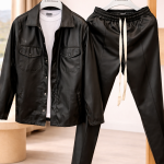 COMPLEU bărbați STREVANO negru din piele – set modern casual, confort premium și design urban minimalist