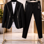 COSTUM bărbați STREVANO Zip Style Black – set elegant cu sacou modern și pantaloni cu fermoare decorative